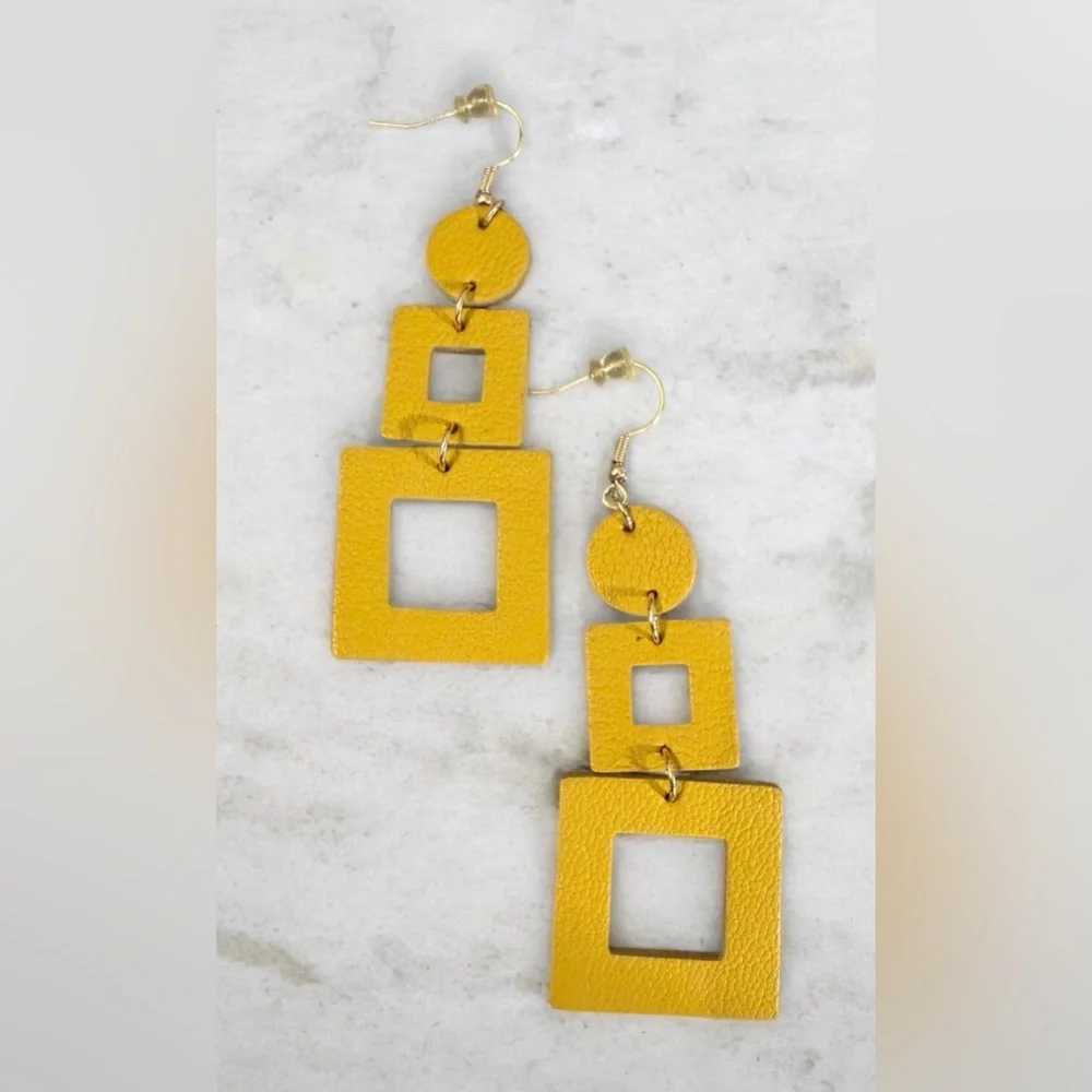 #726 Mustard Yellow Geometric Faux‎ Leather Dangle Earrings